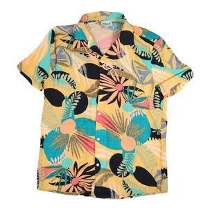 Juny Tropical Floral Button Down Shirt Mens L Yellow Leaf Print Summer Camp Era